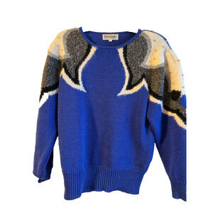Vtg glam statement pullover sweater blue white embellish beads fuzzy wool Sz L